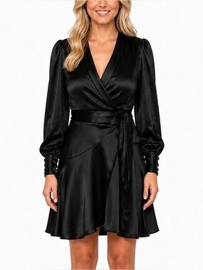 MAIN STRIP Satin Wrap Bishop Sleeve Black Dress